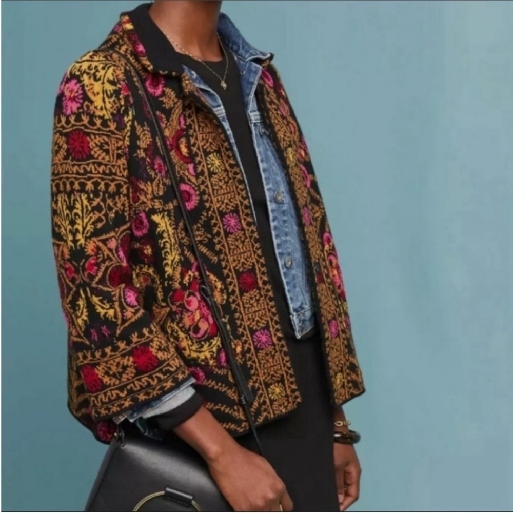 Anthropology Moth Embroidered Floral Jacket - Multicolor